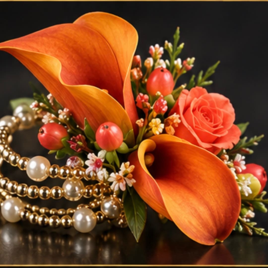 Orange calla lilies and a coral rose with pearl bead garland