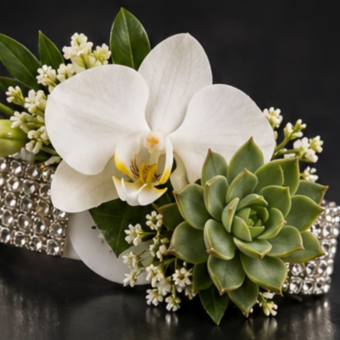 White orchid and green succulent arrangement with jeweled ribbon
