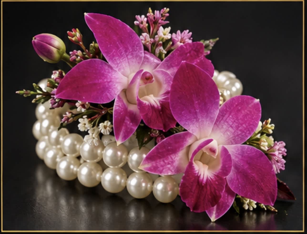 Pink orchids arranged with pearl beads on a black surface