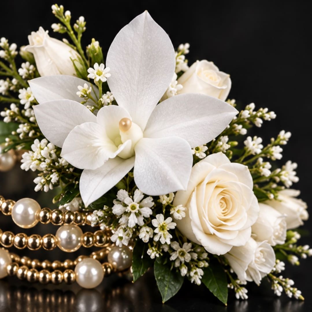 White floral bouquet with roses and a large orchid bloom