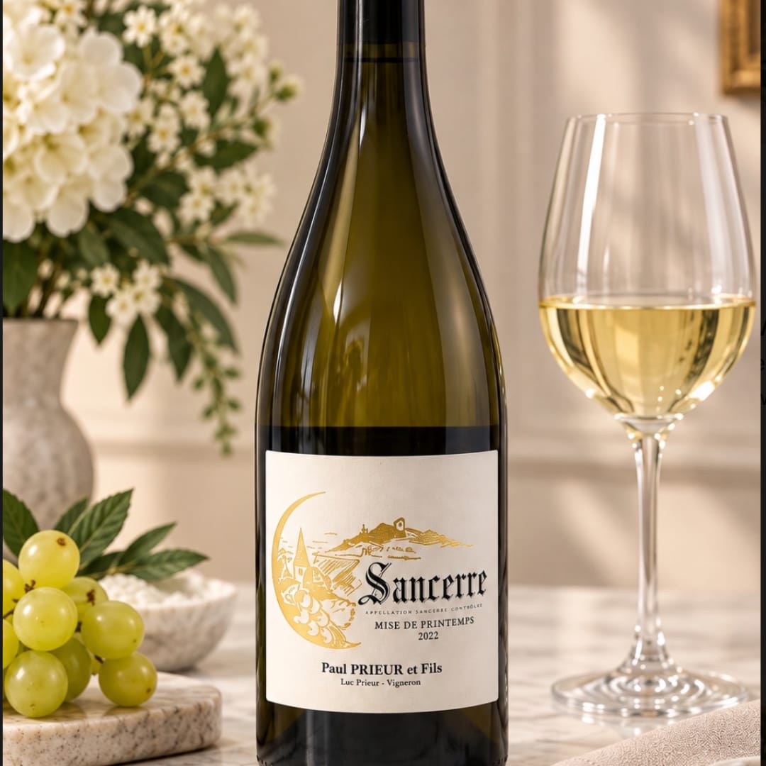 Bottle of white wine beside a filled wine glass with flowers and grapes in the background