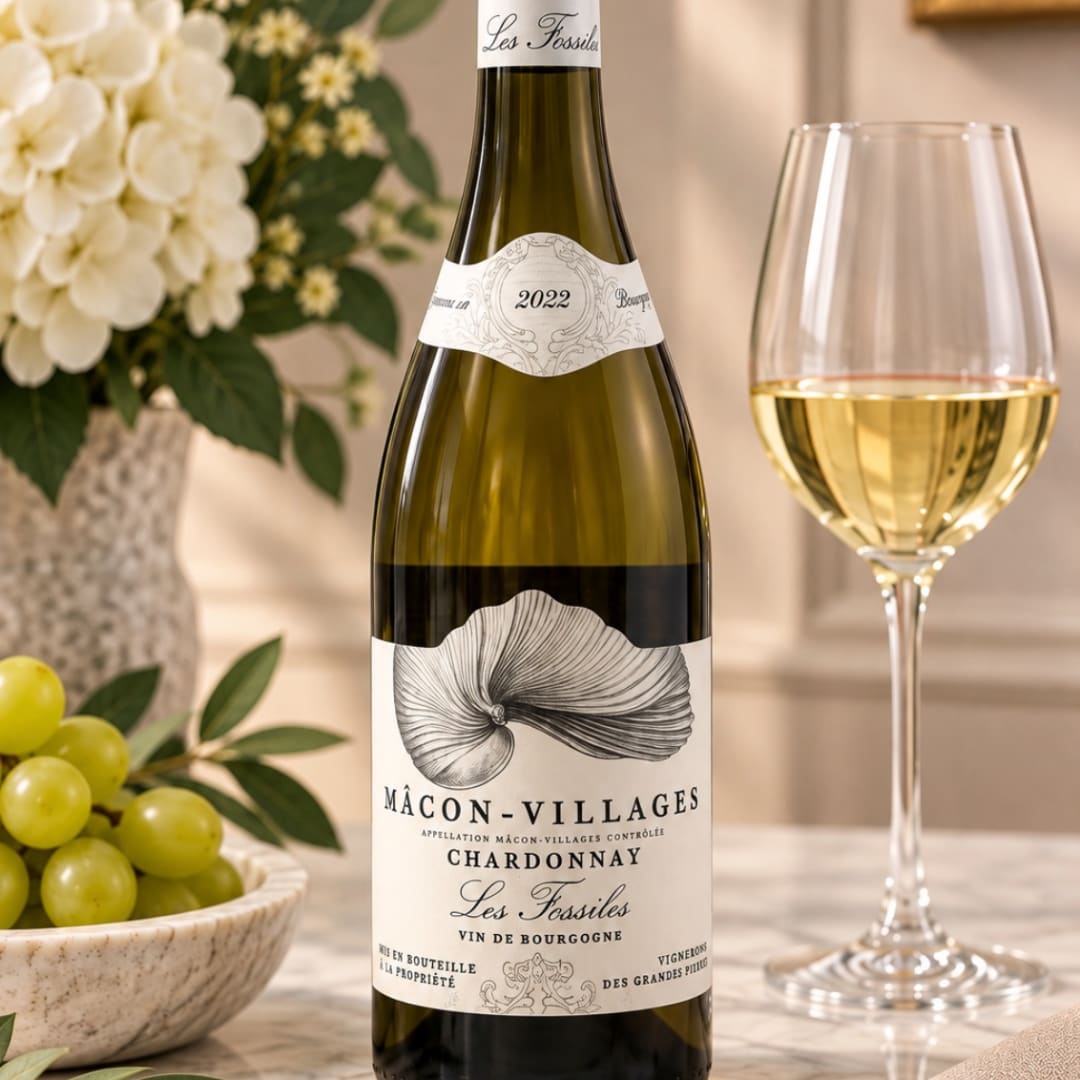 Bottle of white wine beside a filled wine glass and a floral arrangement