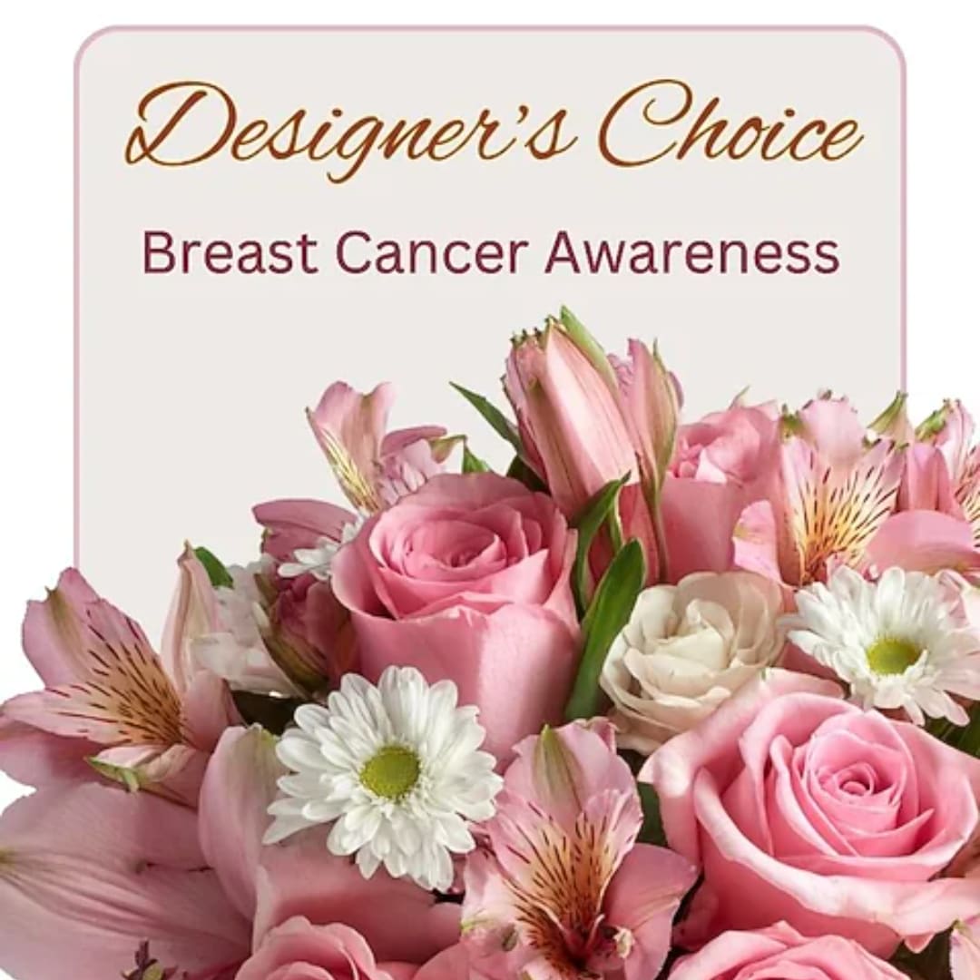 Pink roses and white daisies arranged for breast cancer awareness