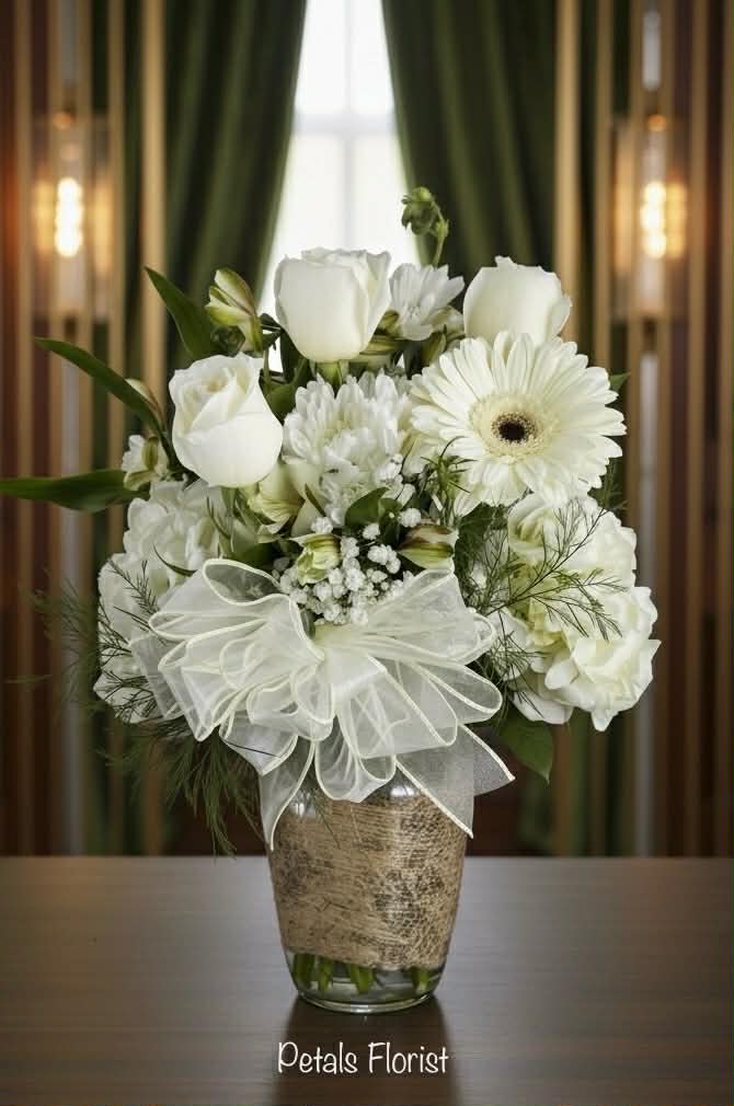 White roses and gerbera daisies in a glass vase with a white bow