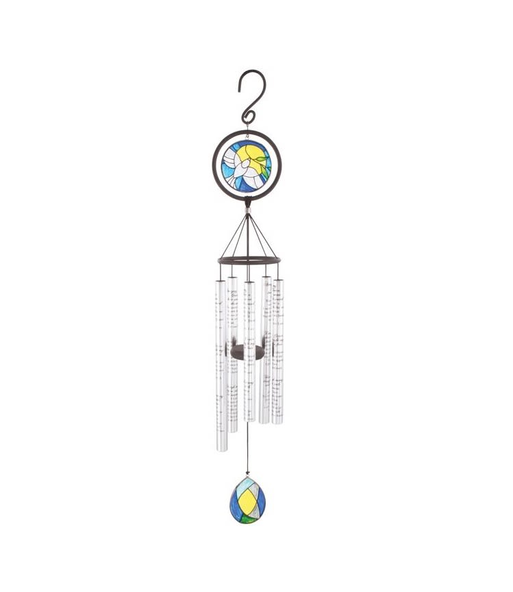 Hanging wind chime with stained-glass floral medallions