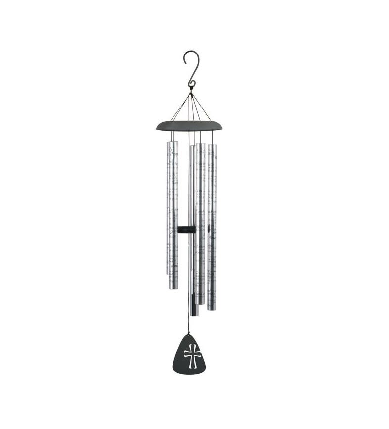 Silver wind chime with a black top and hanging clapper