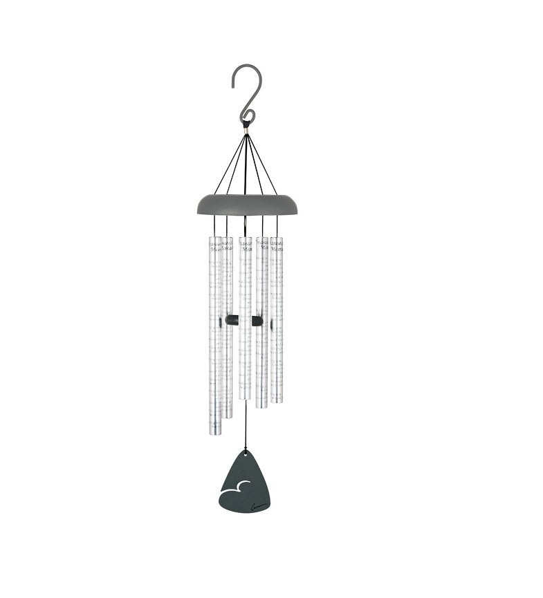 Hanging metal wind chime with silver tubes and a dark clapper