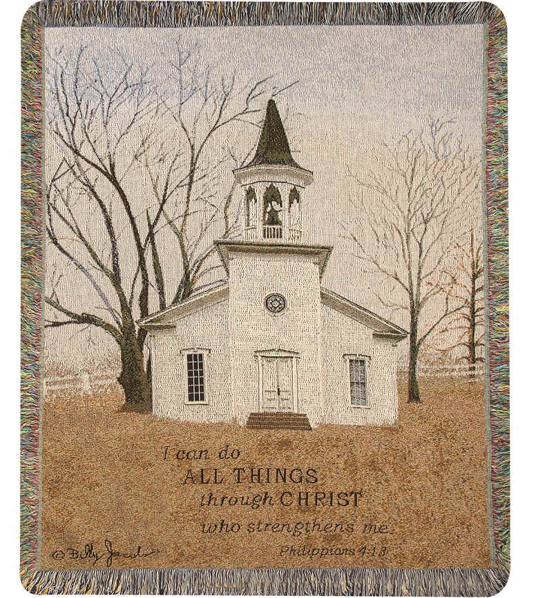Woven throw blanket with a church scene and Bible verse text