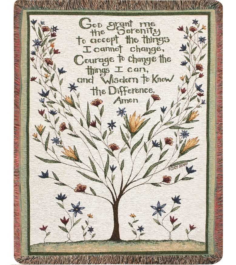 Woven wall hanging with a tree and the Serenity Prayer text