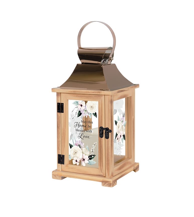 Wooden lantern with floral print and a metal handle