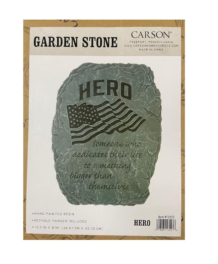 Packaged garden stone with a hero message and American flag design