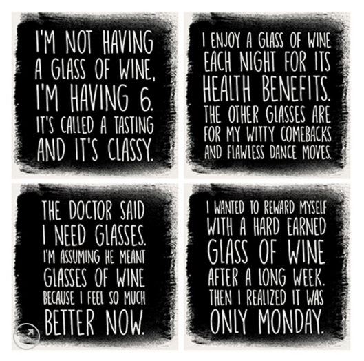 Four black-and-white quote panels about wine arranged in a grid.
