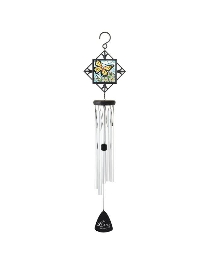 Hanging wind chime with a butterfly stained-glass panel
