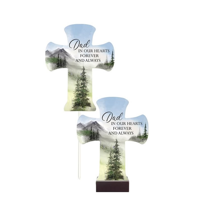 Two memorial cross signs reading "Dad in our hearts forever and always"