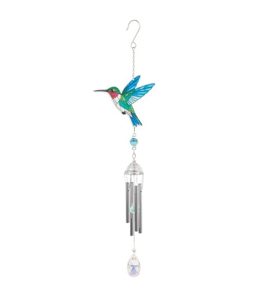 Hummingbird Suncatcher Chime - This colorful sun catcher Humming Bird chime is 21in long. Sold individually (Standard) or displayed on an easel with floral design (Deluxe). It can also be mounted on a shepherds hook planted in a dish garden planter of assorted living plants and fresh cut flowers (Premium).