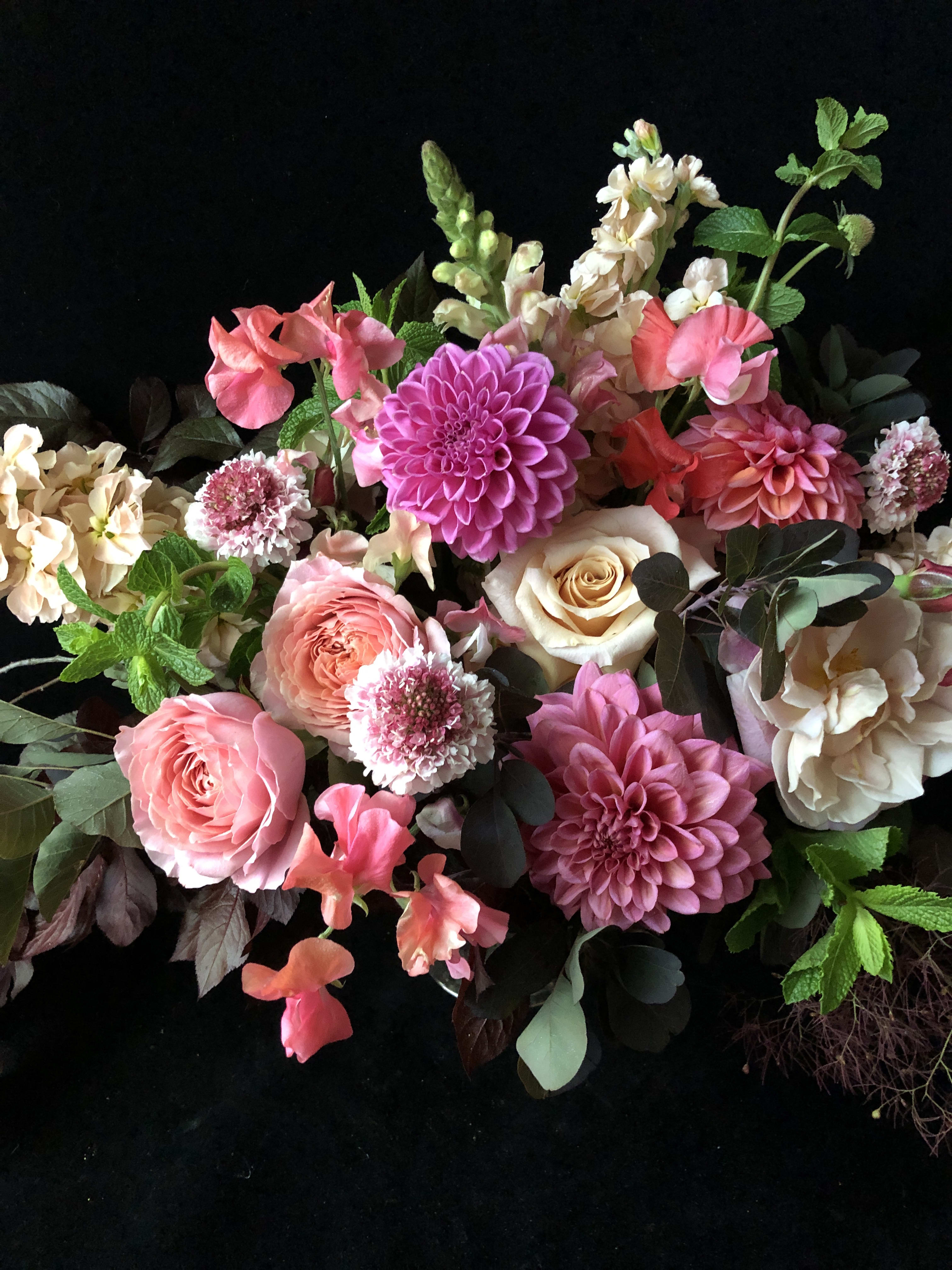 Pink and cream mixed bouquet with dahlias, roses, and snapdragons
