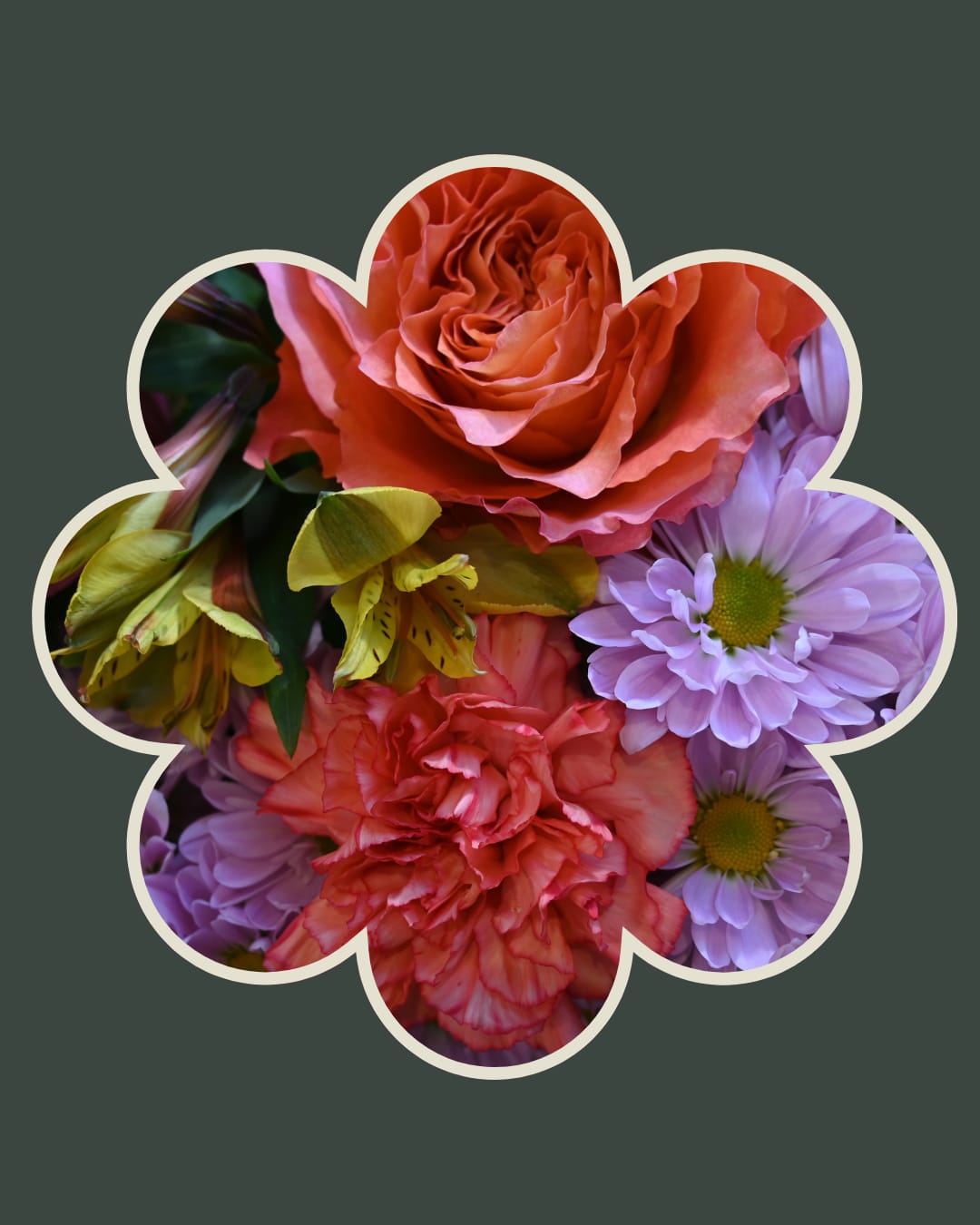 Flower-shaped frame filled with pink and purple blooms