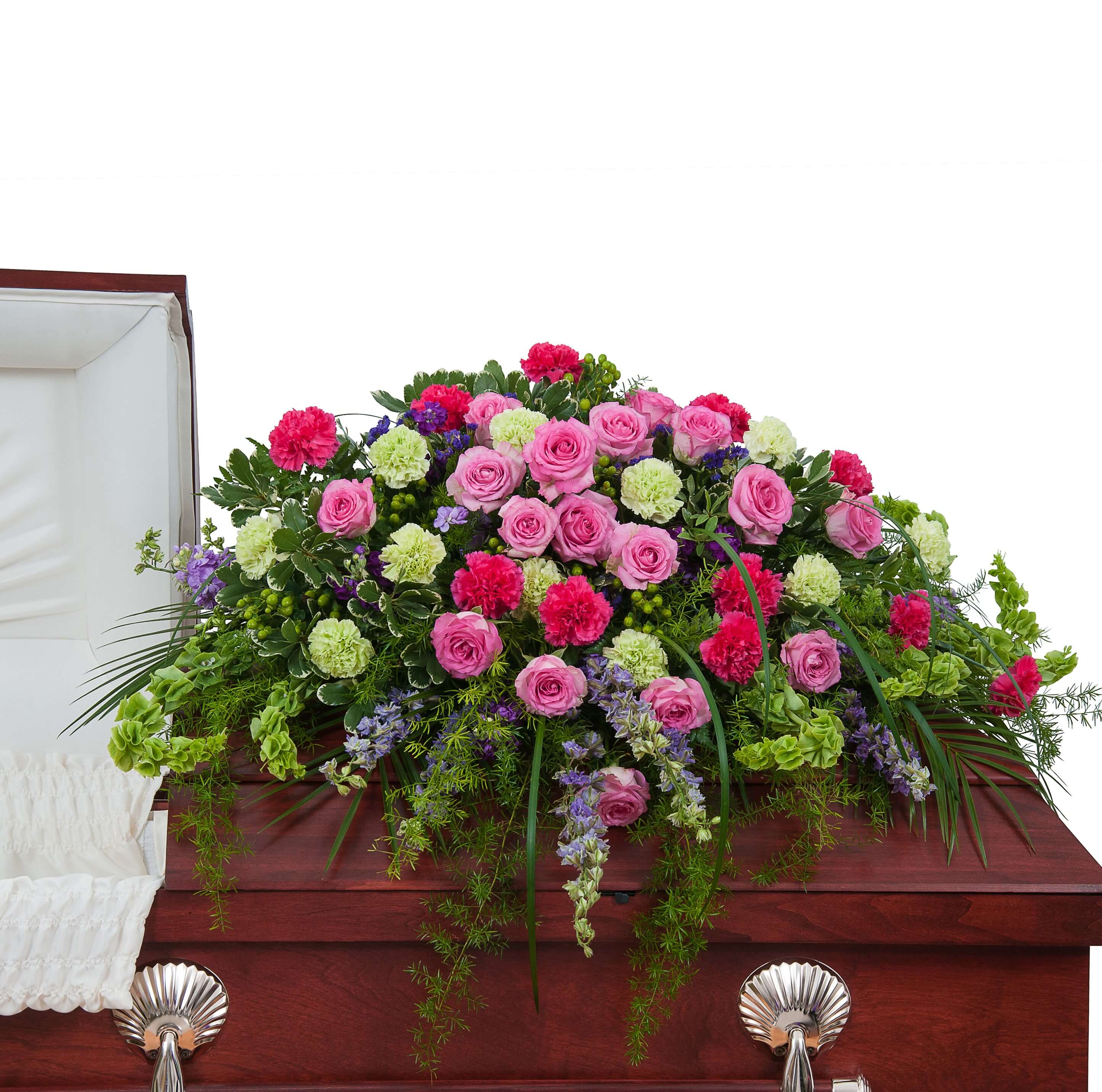Forever Cherished Casket Spray - This beautiful combination of pink and purple flowers will show that they will be forever cherished.