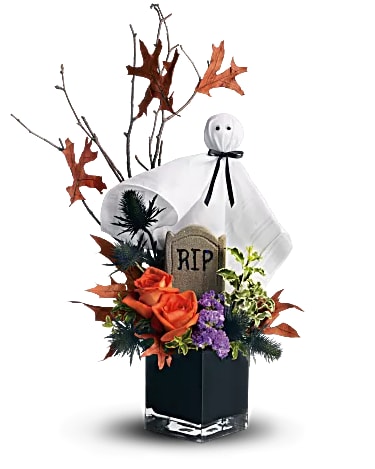 Ghostly Gardens - Boo! A googly-eyed ghost guards a graveyard garden in this fun Halloween floral decoration. It's a whimsical way to send Halloween greetings to a special kid, or add spooky fun to your own home or office!