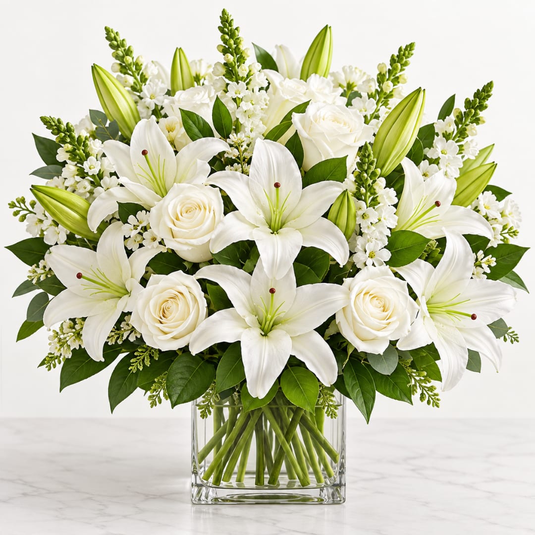 White lilies and roses arranged in a clear glass vase