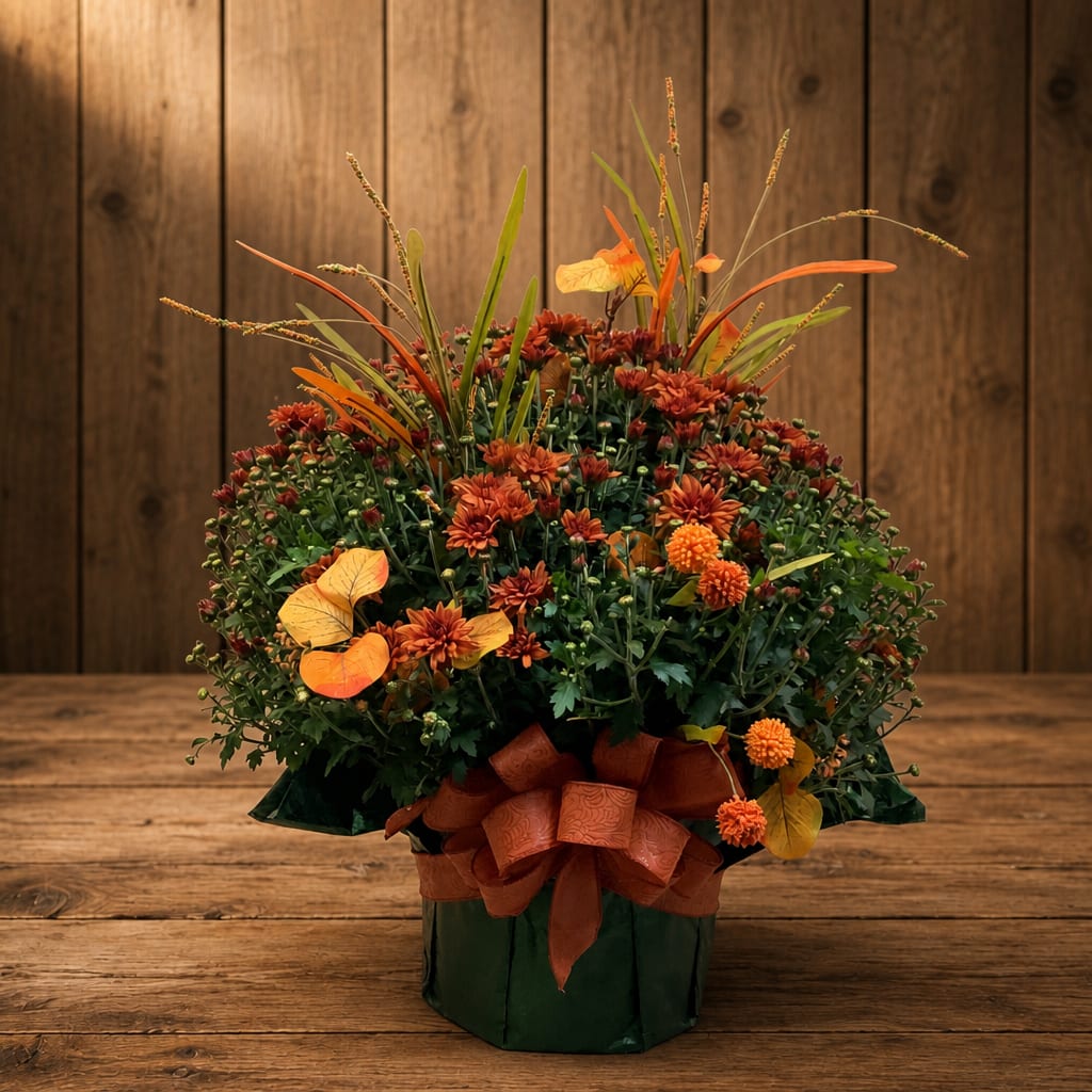 Orange chrysanthemum arrangement in a dark green container with ribbon