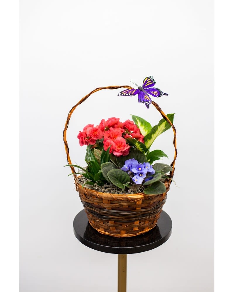 Basket of pink and purple flowers with a butterfly decoration