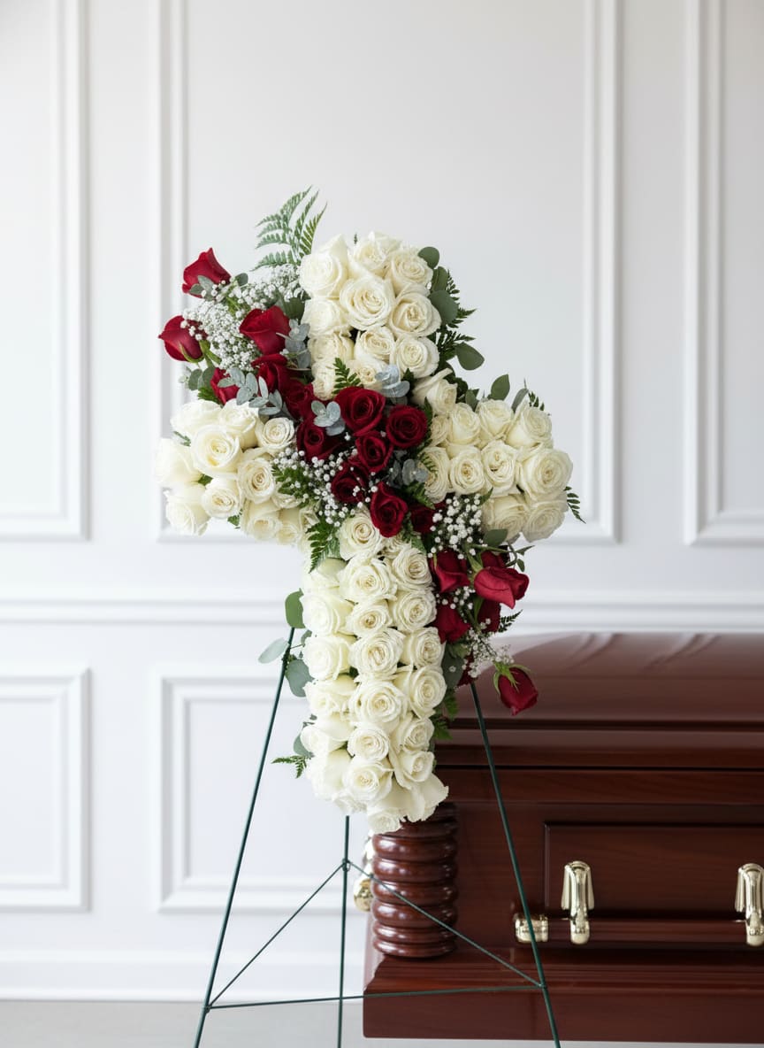 A life of Love Tribute Cross  - A large, dignified tribute cross designed for a funeral setting, this flower arrangement is a powerful way to honor a life. The white-and-red funeral cross combines white roses and clusters of deep red roses to create a solemn, symbolic focal point perfect for a memorial, funeral service, or graveside tribute - the kind of display that helps the person you're remembering feel deeply honored.  The cross is densely covered in white roses with strategic groupings of red roses for contrast; small sprays of baby's breath and eucalyptus-like green foliage soften the edges and add delicate texture. Built on a sturdy floral stand and shown beside a casket, the piece is formally structured to hold its shape throughout the service and make a respectful statement from every angle.  Made to convey sympathy and lasting affection, this tribute cross suits family members, close friends, or faith-based services where a traditional memorial is appropriate. Care is simple: arrangements are assembled to maintain freshness for the service; please let us know delivery details and service times so we can ensure the cross arrives ready and respectfully presented.