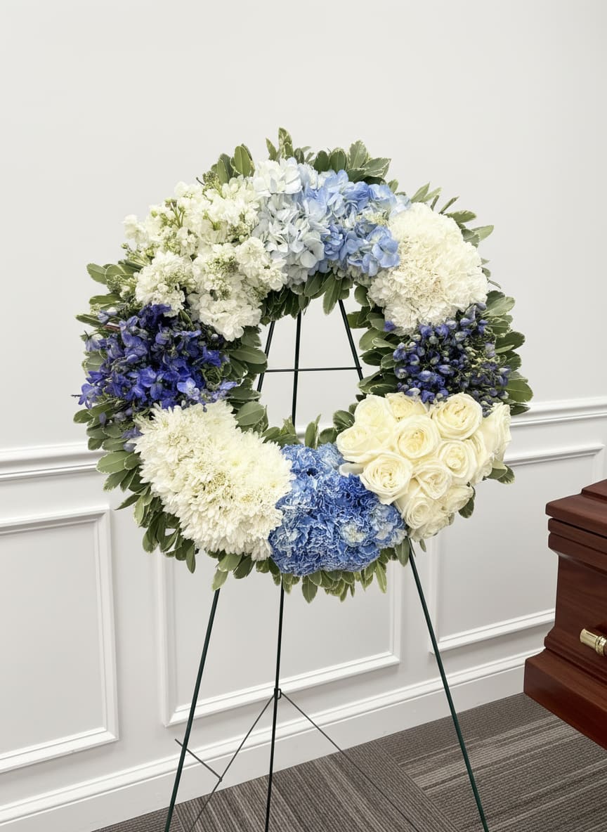 Tranquil Skies Wreath  - A cool-toned, full-bodied funeral wreath that reads as serene and respectful-the perfect sympathy arrangement for a memorial service. This circular wreath features hydrangeas, roses, chrysanthemums, and complementary blooms in white, pale blue, deep blue, and purple, arranged to convey calm and quiet support for the person you're honoring.  Clusters of dense, rounded flowers create a textured, lush surface around an open center, mounted on a sturdy metal easel stand for easy display at a service. Greens are woven through to soften edges and add natural contrast, giving the wreath a balanced, formal silhouette that feels both dignified and heartfelt.  Choose this wreath when you want the recipient's family to feel comforted and seen-a tasteful way to express sympathy and remembrance at a funeral or memorial. Standard sizing and easel mounting make delivery and placement simple; please contact us if you need help with service timing or special delivery instructions.