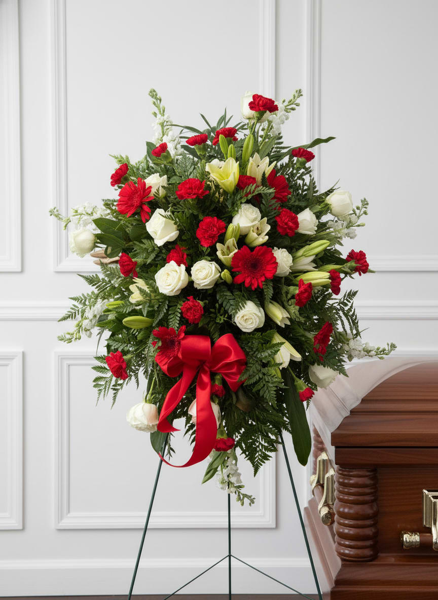 Sacred Heart Standing Spray - A large, stately standing spray arranged in a sacred heart shape that brings graceful, heartfelt presence to a funeral or memorial service. This sympathy standing spray uses red and white roses, carnations, lilies, and gerbera-style daisies to create a formal, reverent statement-perfect for honoring a loved one and sending a clear message of love and remembrance at a graveside or beside the casket.  The composition is full and layered with strong vertical height on a standing easel, the red blooms providing vivid, respectful accents while the white flowers soften the palette and add luminous contrast. A bright red satin ribbon is tied near the lower center, and lush greenery frames the flowers for a polished, traditional look. The mix of textures-from the velvety roses and ruffled carnations to the open lilies and daisy-like gerberas-gives visual depth and a comforting, classic floral silhouette.  Designed to comfort the person you're remembering and to convey deep sympathy to family and friends, this arrangement arrives ready to display on a casket or easel at the service. For sizing, delivery, or to request personalization of ribbon wording, please contact us-our team will ensure the spray is handled with care and presented exactly as requested.