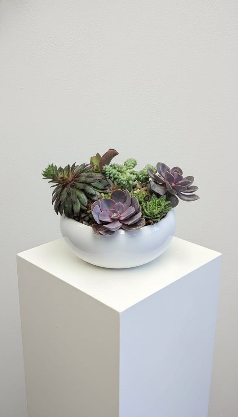 Artisan Succulent Sanctuary  - A calm, contemporary cluster of living succulents that makes a thoughtful housewarming gift or modern centerpiece. This succulent arrangement for everyday decor brings muted greens and dusty purples together in a low-profile white ceramic bowl planter, the perfect size for a desk, entry table, or windowsill. The combination reads as a minimalist statement piece that will make the person you're thinking of feel cared for without fuss.  The Artisan Succulent Sanctuary features rosette-shaped purple-tinged succulents, a darker green spiky variety, and small bead-like trailing forms for layered texture and visual interest. The glossy white bowl highlights the foliage's soft tones and keeps the overall look clean and contemporary. Easy to place and low-maintenance, it's ideal for recipients who love plants but prefer something fuss-free-bright indirect light and occasional watering will keep it happy.
