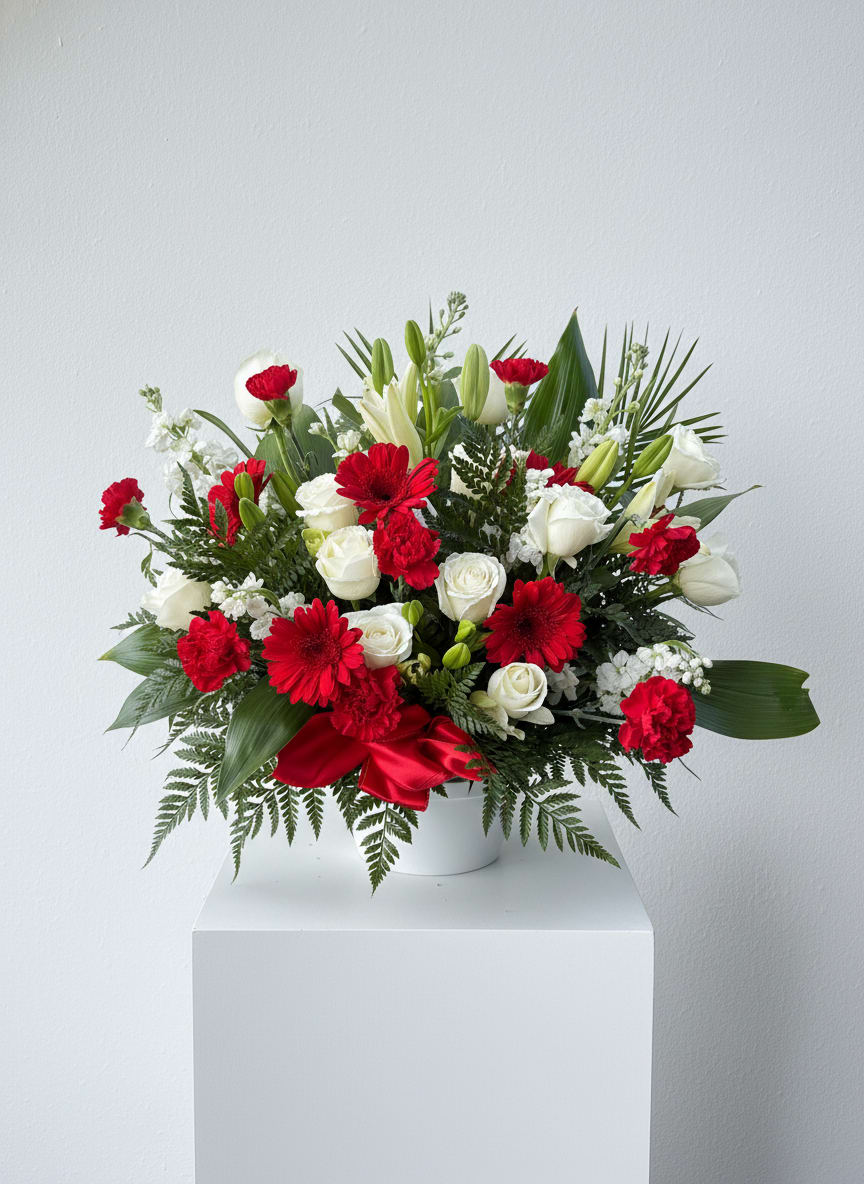Sacred Heart Basket  - Bright red gerbera daisies and velvety red carnations mingle with pure white roses and lilies in this Sacred Heart Basket, a red-and-white sympathy or holiday arrangement that reads both reverent and celebratory. The rounded, full composition creates an immediate visual embrace-perfect for honoring a loved one, sending condolences, or marking a meaningful seasonal moment like Christmas or Valentine's Day.  The bouquet sits in a white ceramic vase tied with a red satin ribbon, the glossy finish and bow echoing the striking color contrast. Broad tropical leaves and feathery fern-like greenery add layered texture around clusters of small white filler blooms and cheerful white daisies, giving the piece depth and a polished, formal silhouette. The combination of roses, gerbera daisies, carnations, lilies and mixed greens delivers varied shapes and scents for a rich sensory presence.  For the person you're thinking of, this arrangement communicates respect, warmth, and heartfelt remembrance-she'll feel truly seen. The compact, rounded design works well on a memorial table, mantel, or as a centerpiece; vase and ribbon arrive ready to display with simple water refreshes every few days to keep blooms looking fresh.