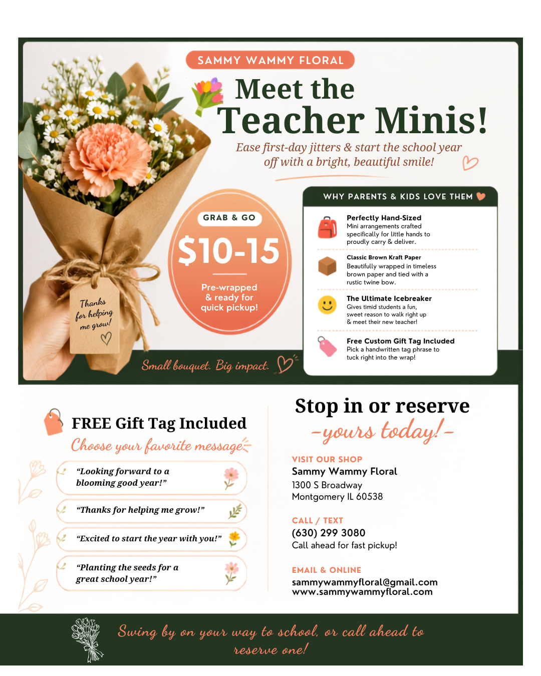 Mini bouquet of daisies and a peach carnation wrapped in brown paper