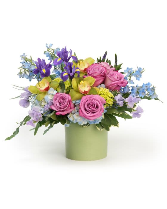 Delphinium Drift - Soft roses and pastel blooms with airy delphinium, arranged with fresh greenery for a light, garden - inspired look