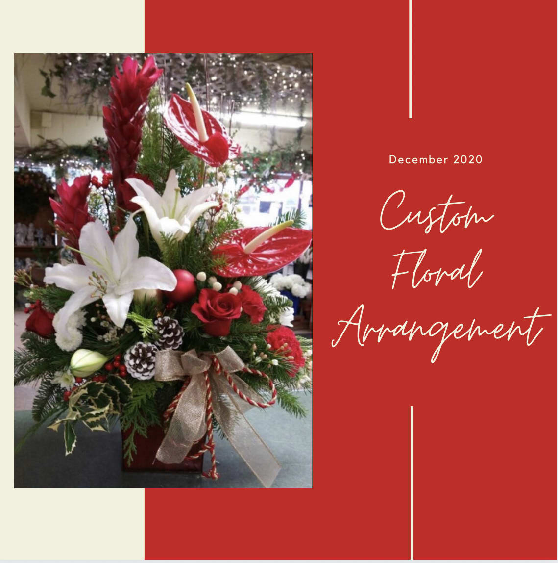 Custom Christmas Arrangement - Beautiful custom design of seasonal greens, flowers and decor in a vase or box designed just for you.( Picture Shown is a Premium arrangement.)