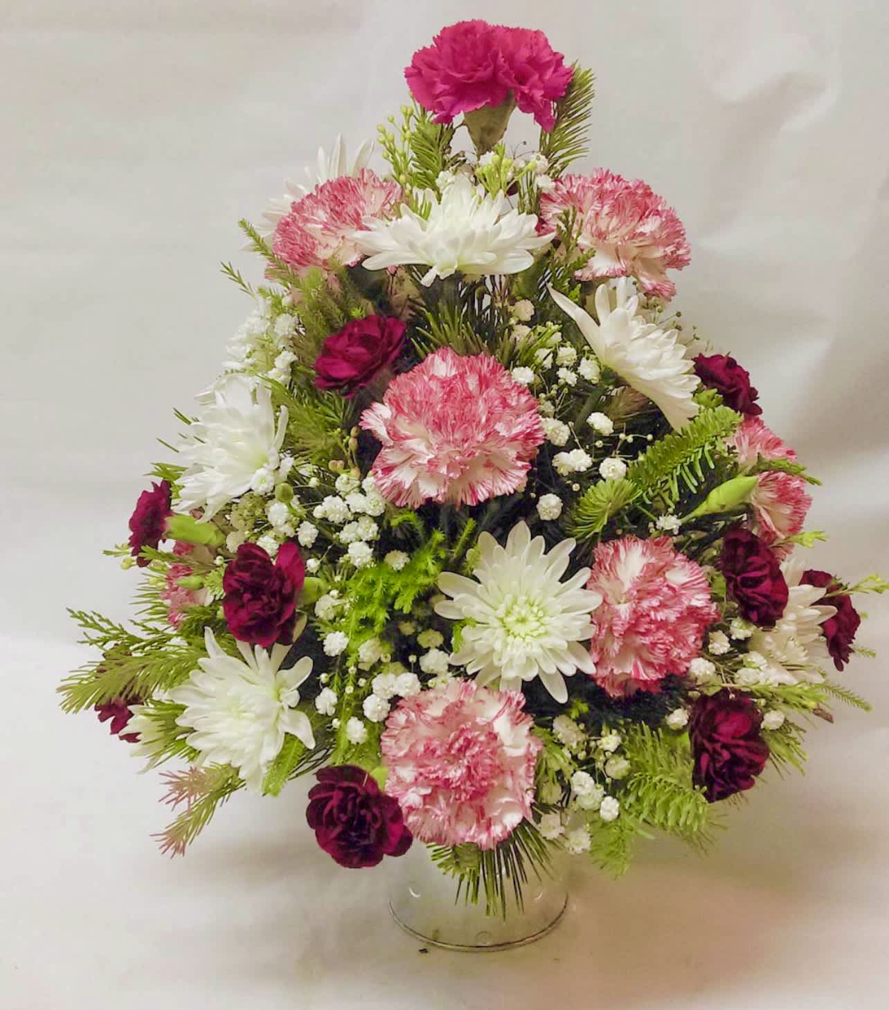 Petite Christmas Tree - Mini table to Christmas tree made from fresh cut flowers and greens. Colors may change depending on availability.
