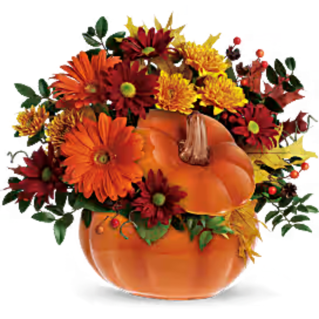 Orange pumpkin filled with orange, red, and yellow flowers