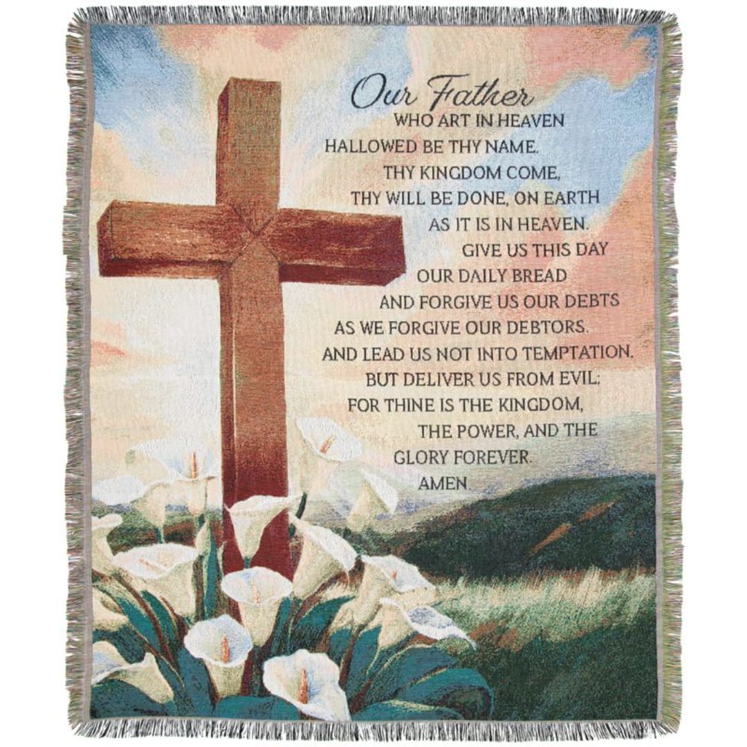 Tapestry with a wooden cross, prayer text, and white calla lilies