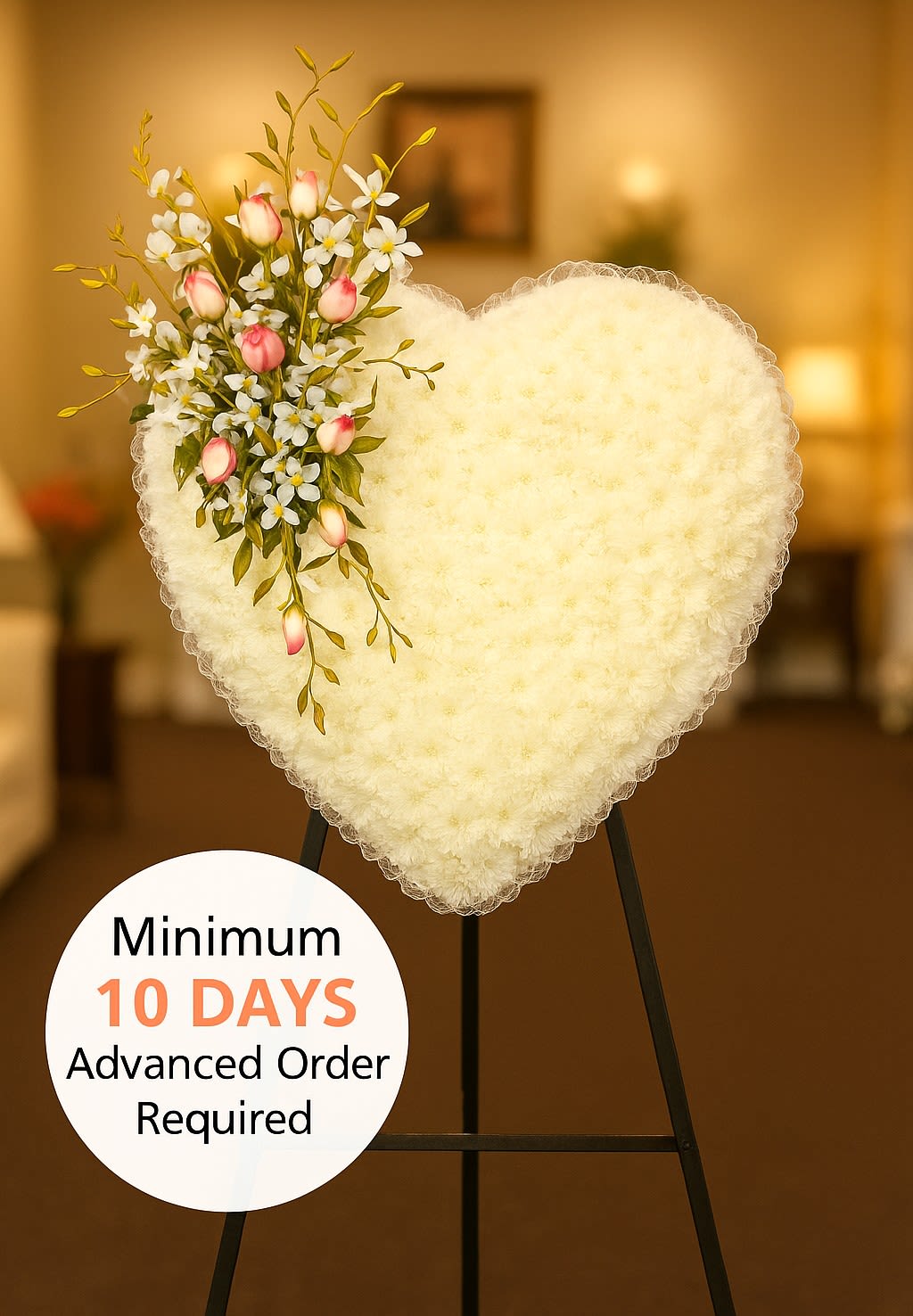 Heart-shaped white sympathy wreath with pink buds and small white flowers on a black easel stand indoors.