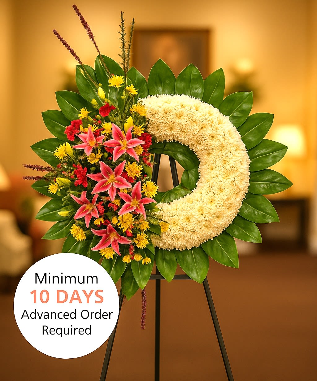 Crescent standing wreath with white blooms, pink lilies, red and yellow flowers on a green leaf base.