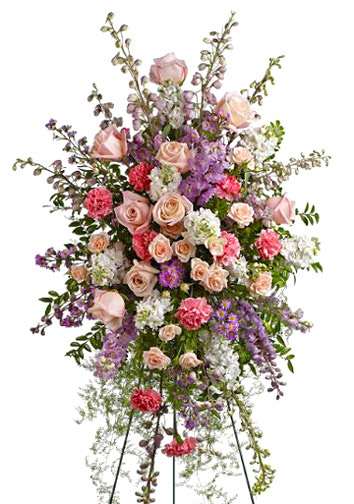        Peaceful Garden Spray  - Celebrate a life of peace and harmony with a dramatic display of mixed fresh flowers. This grand standing spray of roses, carnations, delphinium and more can be hand-delivered directly to a funeral home or memorial service.
