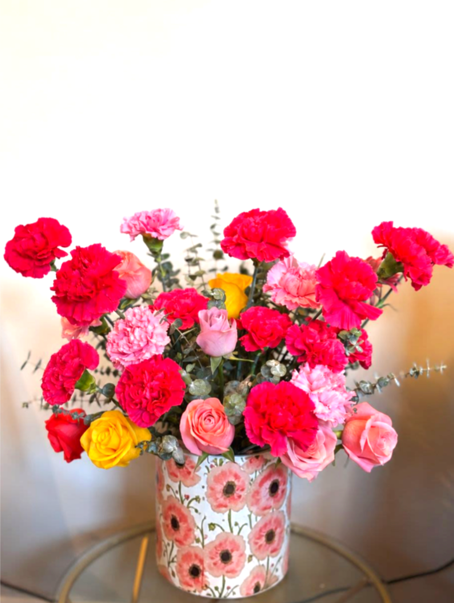 Petals of Love - Luxury floral arrangement with vibrant carnations, roses, and fresh eucalyptus in a modern ceramic vase. Designed in romantic blush and crimson tones, perfect for Mother’s Day or any special occasion. Handcrafted with love in limited quantities.