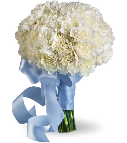 White carnation bouquet tied with a blue ribbon