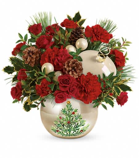 Teleflora's Classic Pearl Ornament Bouquet - Radiant red roses and Christmas holly look even more festive hand-arranged in this stunning, shimmering pearl ornament!