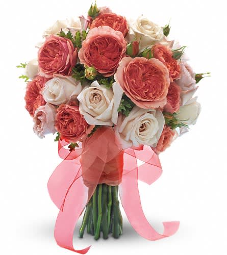 Lady Love Bouquet - This stylish mix of light pink roses with dense pink garden roses has a sophisticated look. Light pink roses with dense pink garden roses and pink scented geranium.Approximately 12" W x 15 1/2" H Orientation: N/A As Shown : T194-2A