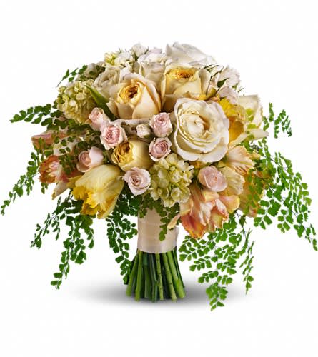 Best of the Garden Bouquet - Fresh-picked perfection! This soft romantic bouquet unites luxurious blooms like garden roses and parrot tulips with delicate maidenhair fern. Light yellow and white garden roses with cr?me spray roses light yellow stock yellow parrot tulips and stems of maidenhair fern.Approximately 16" W x 13" H Orientation: N/A As Shown : T199-3A