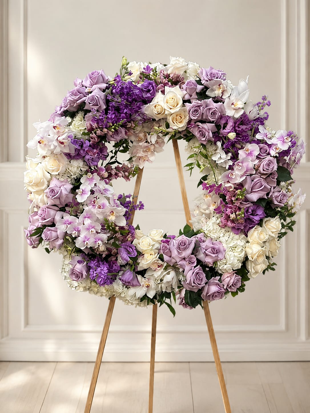 Large circular floral wreath on a wooden easel with purple, white, and cream blooms