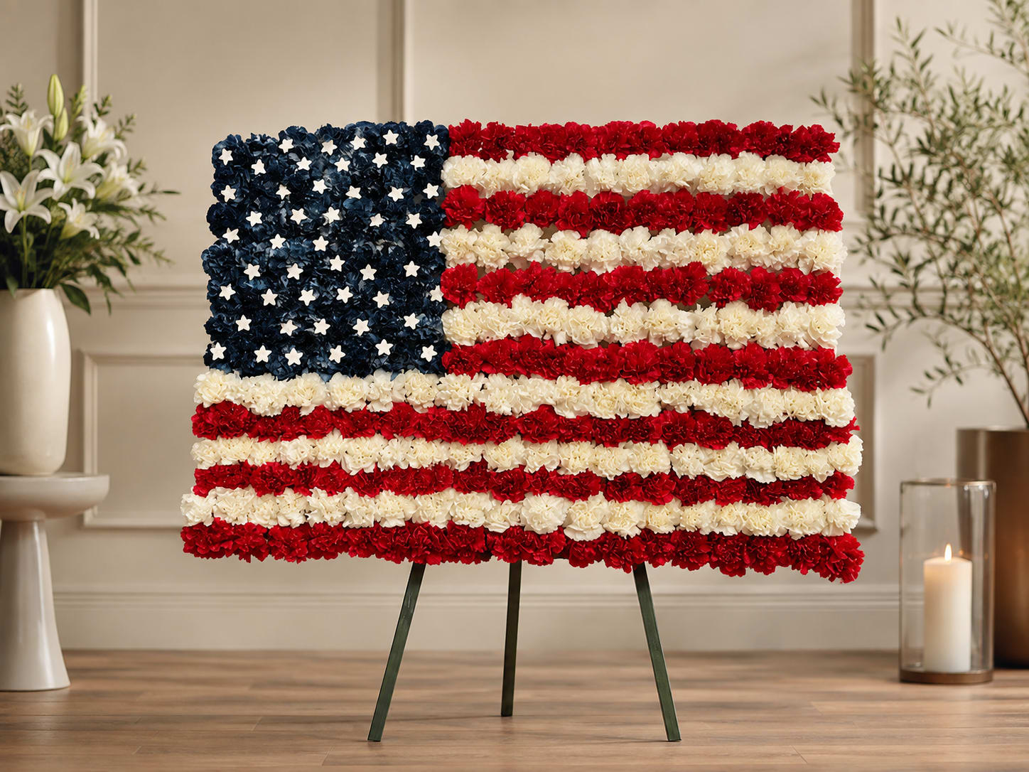 Floral arrangement shaped like the American flag on an easel