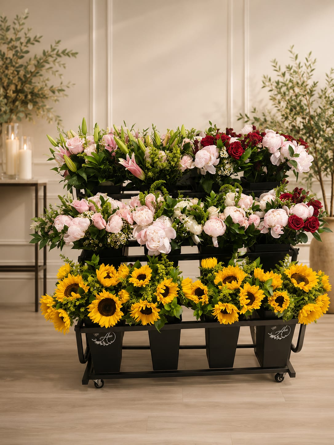 Tiered flower display with sunflowers, pink lilies, and roses in black containers