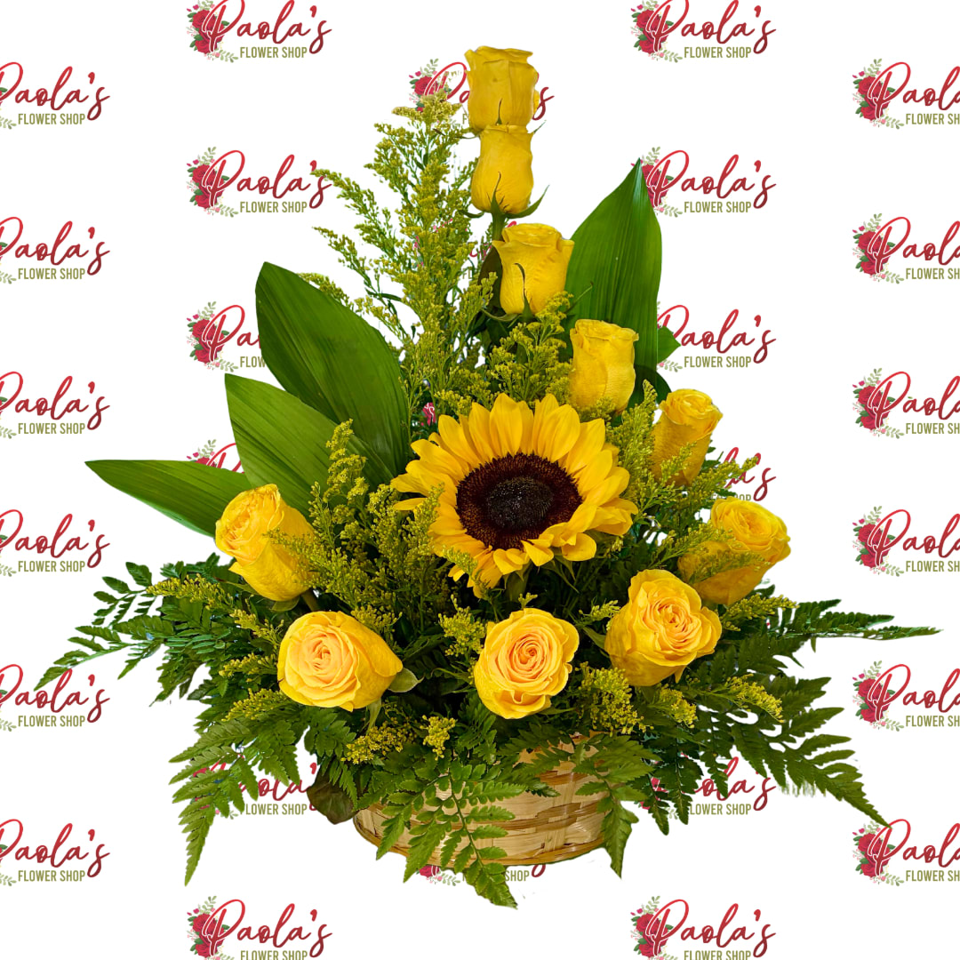 Yellow roses and a sunflower in a basket arrangement