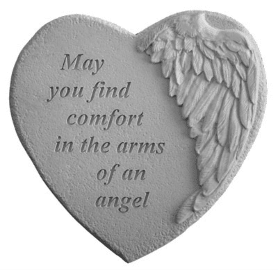 Heart-shaped memorial plaque with angel wings and sympathy text
